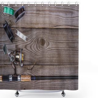 Personality  Top View Of Various Reels And Fishing Rod On Wooden Planks  Shower Curtains