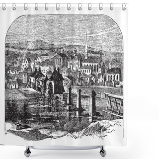 Personality  Picture Is Showing Fredericksburg City's Houses Located Near Where The Rappahannock River Crosses The Atlantic Seaboard Fall Line, Vintage Line Drawing Or Engraving Illustration. Shower Curtains