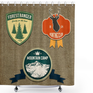 Personality  Set Of Outdoor Adventure Badges And Hunting Logo Emblems. Vector Illustration Shower Curtains
