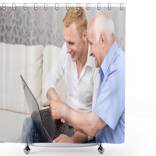 Personality  Grandfather And Grandson With Laptop  Shower Curtains
