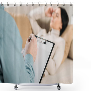 Personality  Cropped Shot Of Psychotherapist Writing On Clipboard And Young Woman Lying On Couch In Office Shower Curtains