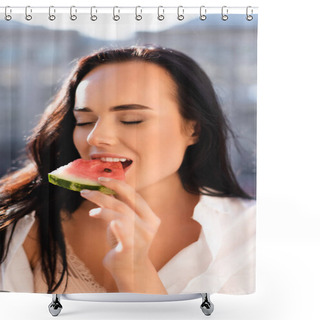 Personality  Portrait Of Brunette Woman Eating Watermelon With Closed Eyes Shower Curtains