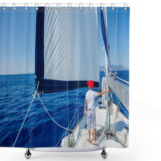 Personality  Little Boy On Board Of Sailing Yacht On Summer Cruise. Travel Adventure, Yachting With Child On Family Vacation. Shower Curtains