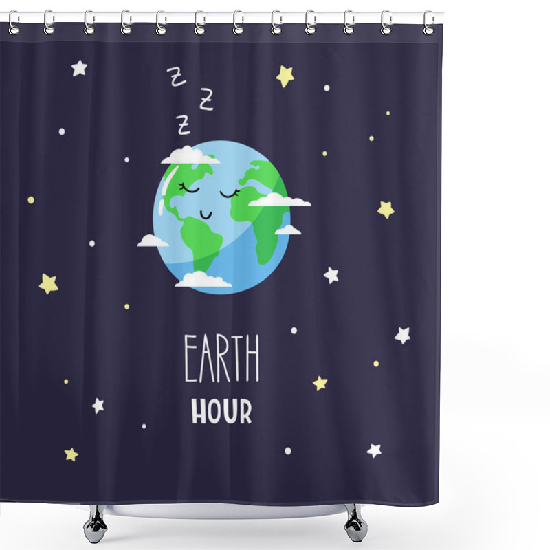 Personality  Cute Cartoon Planet Earth In The Night Sky And Inscription Earth Hour. Vector Illustration. Shower Curtains