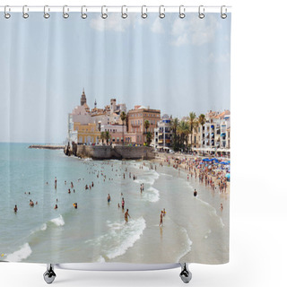 Personality  CATALONIA, SPAIN - APRIL 30, 2020: People Swimming In Sea Near Buildings And Palm Trees On Beach Shower Curtains