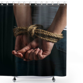 Personality  Partial View Of Female Hands Tied With Rope Isolated On Black Shower Curtains
