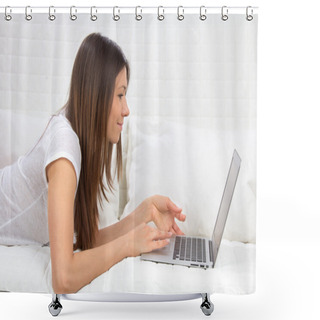 Personality  Woman Lying On A Sofa With Laptop Paying Bills Online Shower Curtains
