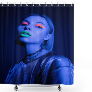 Personality  Trendy Woman In Shiny Blouse And Glowing Neon Makeup Looking At Camera On Dark Blue Background Shower Curtains