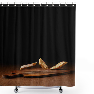 Personality  Slices Of Wholegrain Bread Falling On Wooden Table Surface Shower Curtains