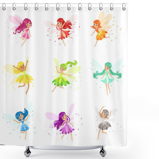 Personality  Colorful Rainbow Set Of Cute Girly Fairies With Winds And Long Hair Dancing Surrounded By Sparks And Stars In Pretty Dresses Shower Curtains