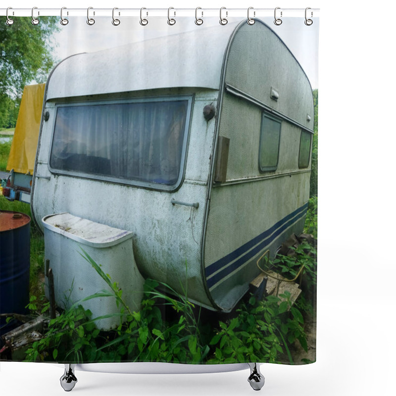 Personality  Vintage Trailer Near A Summer Like. Old, Dirty Abandoned Trailer  Shower Curtains