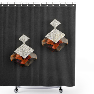 Personality  Gold Earrings With Big Red Stones Isolated On Black Shower Curtains