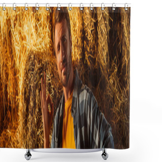 Personality  Website Header Of Rancher Looking At Camera And Showing Ok Gesture Near Stack Of Hay Shower Curtains