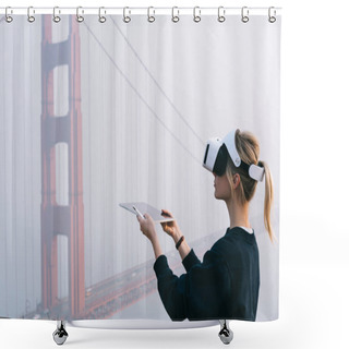 Personality  Side View Of Female With Short Blond Hair In Black Sweater Holding Tablet And Pencil While Standing Near Bridge Located In San Francisco And Wearing VR Headset Shower Curtains