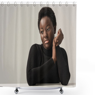 Personality  Pensive African American Woman In Black Turtleneck Sitting At Table Isolated On Grey Shower Curtains