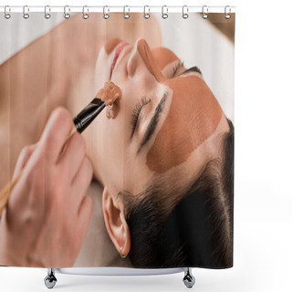 Personality  Partial View Of Beautician Applying Mask On Woman Face Shower Curtains