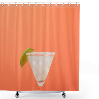 Personality  Close Up View Of Refreshing Alcohol Margarita Cocktail With Lime And Ice Isolated On Orange Shower Curtains