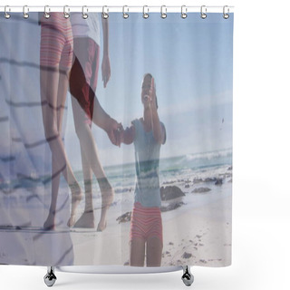 Personality  Image Of Happy African American Couple Having Fun On Beach Over Seascape. Holidays, Vacations And Relax Concept Digitally Generated Image. Shower Curtains