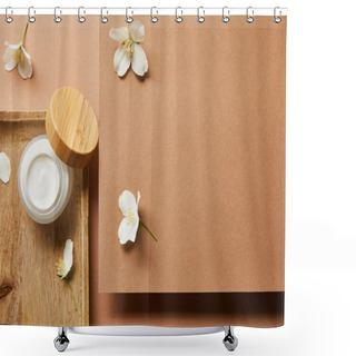 Personality  Top View Of Open Jar With Cream On Wooden Tray And Scattered Jasmine Flowers Around On Brown  Shower Curtains