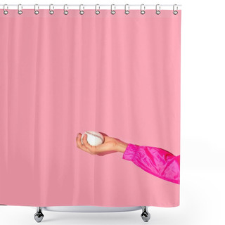 Personality  Cropped Image Of Girl Hand With Baseball Ball In Hand On Pink Background Shower Curtains