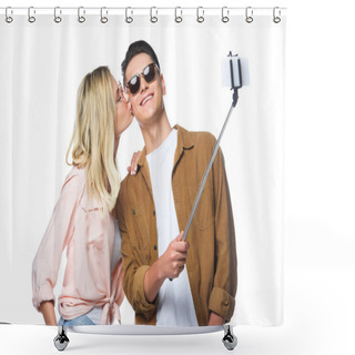 Personality  Young Couple Taking Selfie From Monopod While Woman Kissing Her Boyfriend Isolated On White Shower Curtains
