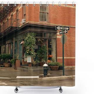 Personality  Red Brick Building With Green Potted Plants Near Shop With Showcases On Street With Road Signs In New York City Shower Curtains