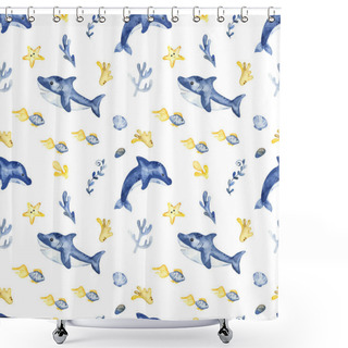 Personality  Underwater Creatures, Shark, Dolphin, Fish, Algae, Corals On A White Background. Watercolor Seamless Pattern Shower Curtains