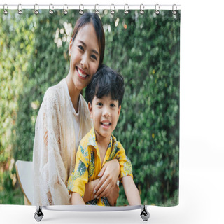 Personality  Little Boy Sitting On His Mom's Lap, His Mom Hug Him With Love. Shower Curtains