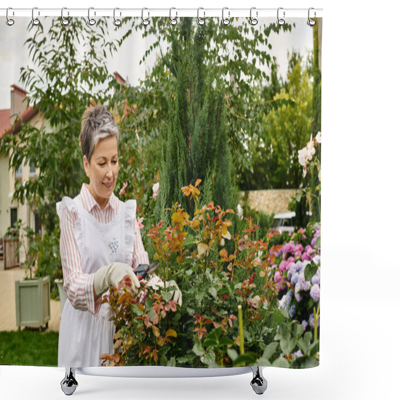 Personality  Mature Cheerful Beautiful Woman With Short Hair Using Gardening Tools To Take Care Of Lively Rosehip Shower Curtains