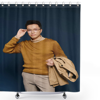 Personality  A Fashionable Young Man Poses Actively In A Brown Sweater And Tan Pants, Exuding Elegance And Style. Shower Curtains