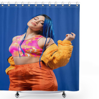Personality  Colorful Clothes, Dyed Hair, Female Model With Blue Hair Posing In Puffer Jacket On Blue Background, Hand In Pocket, Vibrant Color, Urban Fashion, Individualism, Young Woman With Funky Look  Shower Curtains