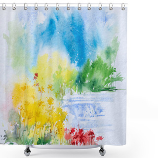 Personality  Nice Watercolor Painting Of Spring, Red Flowers With Bright Yellow Plants On Full Bloom In The Morning. Hand Painted Watercolor Illustration. Shower Curtains