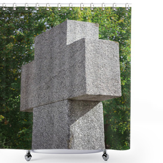 Personality  Selective Focus Of Old Beautiful Memorial Tombstone In Shape Of Cross At Graveyard Shower Curtains