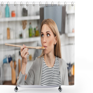 Personality  Woman Holding Wooden Spoon And Trying Food While Cooking In Kitchen  Shower Curtains