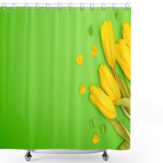 Personality  Top View Of Yellow Tulips And Decorative Hearts On Green, Spring Concept Shower Curtains