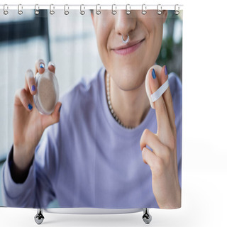 Personality  Cropped View Of Smiling Transgender Person Holding Face Powder  Shower Curtains