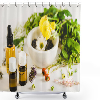 Personality  Bottles Of Essential Oils And Herbs On White Surface, Alternative Medicine Concept Shower Curtains
