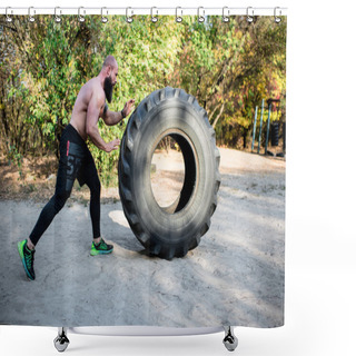 Personality  Bearded Man Exercising With Tractor Tire Shower Curtains