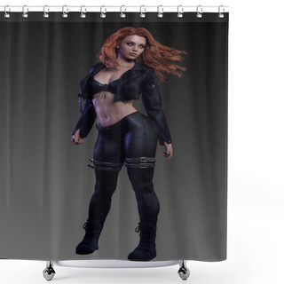 Personality  Redhaired Urban Fantasy Woman In Black Leather Shower Curtains