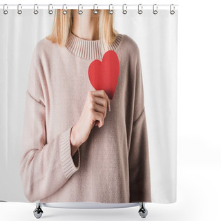 Personality  Partial View Of Blonde Woman In Beige Sweater Holding Paper Heart Shower Curtains