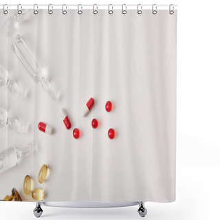 Personality  Top View Of Various Pills And Ampoules With Medicament On White Surface  Shower Curtains