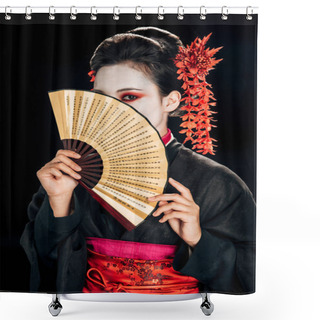 Personality  Geisha In Black Kimono With Red Flowers In Hair And Obscure Face Holding Traditional Asian Hand Fan Isolated On Black Shower Curtains