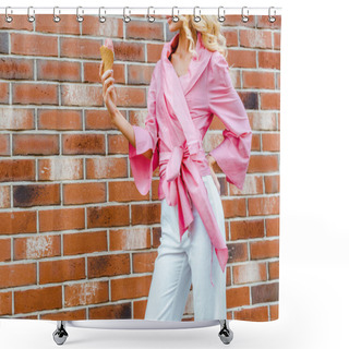 Personality  Cropped Shot Of Young Woman In Pink Holding Ice Cream In Front Of Brick Wall Shower Curtains