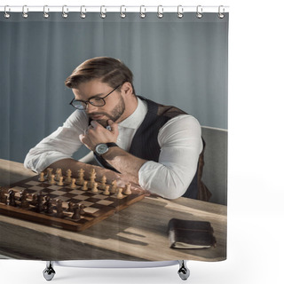 Personality  Stylish Young Businessman With Hand On Chin Looking At Chess Board Shower Curtains