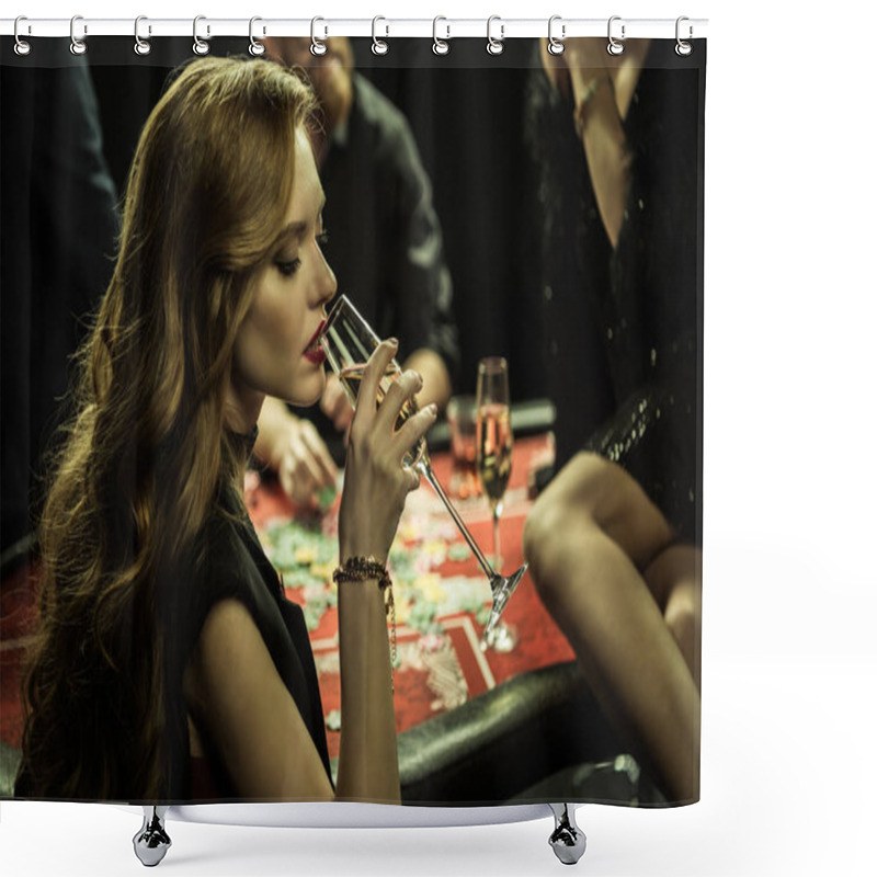 Personality  Woman Holding Drink Shower Curtains