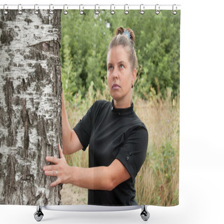 Personality  Russian Middleaged Woman Stands Of Birch Shower Curtains