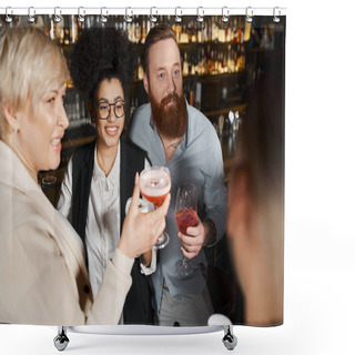 Personality  Bearded Tattooed Man And African American Woman Smiling Near Workmates With Cocktail Glasses In Bar Shower Curtains