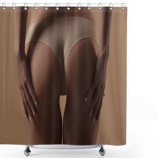 Personality  Thin Young Woman In Underwear On Beige Background Shower Curtains