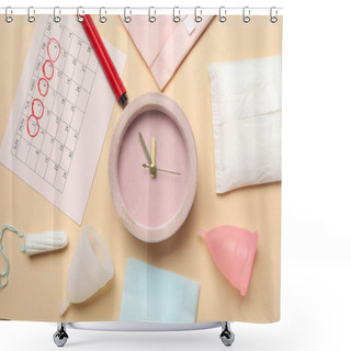 Personality  Composition With Alarm Clock, Menstrual Calendar And Different Feminine Hygiene Products On Color Background Shower Curtains
