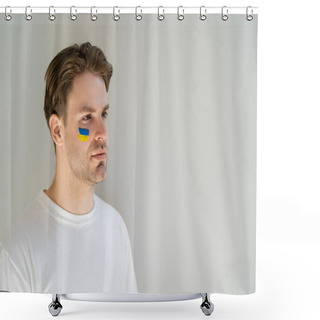 Personality  Young Patriotic Man With Ukrainian Flag Painted On Face Looking Away Isolated On Grey Shower Curtains